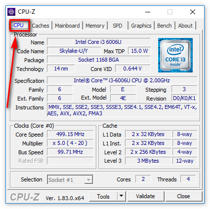 Вкладка CPU в CPU-Z